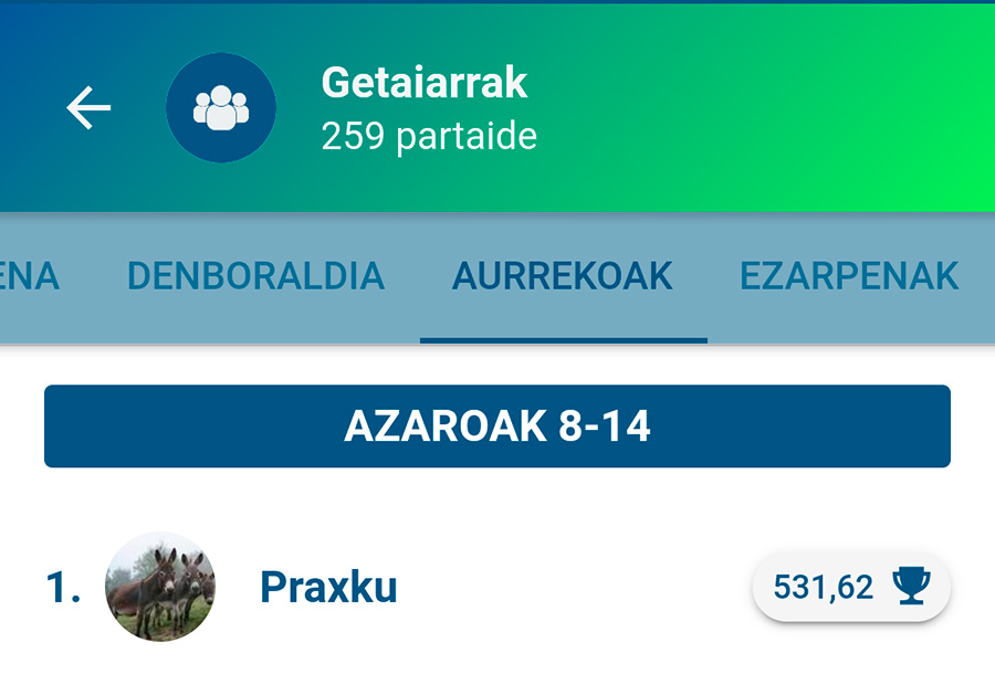 531,62 puntu lortuta, Praxku gailendu da lehenengo aldiz Getaiarrak taldean